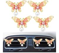 4Pcs Bling Cute Pearl Butterfly Car Air Vent Clips,Crystal Rhinestone Auto Air Conditioning Outlet, Air Freshener Diffuser Charm,Car Interior Decoration Accessory for Women (Red)
