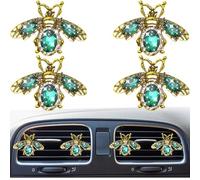 4Pcs Bling Sparkling Cute Gem Bees Car Air Vent Clips,Rhinestone Auto Air Conditioning Outlet, Air Freshener Diffuser Charm,Car Interior Decoration Accessory for Women (Green)