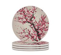 4PCS Blooming Cherry Tree Coasters Non-Slip Round Drink Coasters with Ceramic Stone and Cork Base, Heat Resistant Absorbent 33.00Stone Coaster Set for Kinds of Mugs and Cups, 4 Inch