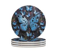 4PCS Blue Butterfly Coasters Non-Slip Round Drink Coasters with Ceramic Stone and Cork Base, Heat Resistant Absorbent 33.00Stone Coaster Set for Kinds of Mugs and Cups, 4 Inch
