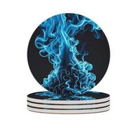 4PCS Blue Flame Coasters Non-Slip Round Drink Coasters with Ceramic Stone and Cork Base, Heat Resistant Absorbent 33.00Stone Coaster Set for Kinds of Mugs and Cups, 4 Inch