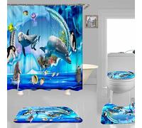 4PCS Blue Underwater Theme Dolphins Penguins Shower Curtain Sets with Shower Curtain, Non-Slip Mat, Absorbent Rug, and Toilet Lid Cover, Ocean Animal Fish Jellyfish Dolphin Bathroom Decor Set