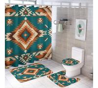 4Pcs Bohemian Diamond Pattern Triangle Geometric Shape Shower Curtain 72W X 72L, Toilet Lid Cover Non-Slip Rugs and U-Shaped Mat, Colorful Ornament Blue Bathroom Decor Set with 12 Hooks
