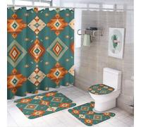 4Pcs Bohemian Geometric Diamond Triangle Pattern Shape Shower Curtain 72W X 72L, Toilet Lid Cover Non-Slip Rugs and U-Shaped Mat, Colorful Line Teal Bathroom Decor Set with 12 Hooks