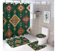 4Pcs Boho Pattern Diamond Square Design Shower Curtain 72W X 72L, Toilet Lid Cover Non-Slip Rugs and U-Shaped Mat, Colorful Art Green Orange Bathroom Decor Set with 12 Hooks
