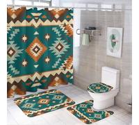 4Pcs Boho Pattern Triangle Diamond Stars Shower Curtain 72W X 72L, Toilet Lid Cover Non-Slip Rugs and U-Shaped Mat, Geometric Shape Blue Bathroom Decor Set with 12 Hooks