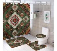 4Pcs Boho Square Line Diamond Pattern Shower Curtain 72W X 72L, Toilet Lid Cover Non-Slip Rugs and U-Shaped Mat, Colorful Design Green Red Bathroom Decor Set with 12 Hooks