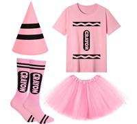 4Pcs Book Day Crayon Costume Set Including T-shirt Hat Socks Tutu Skirt for Kids for Story Book Day Dress Up for Cosplay Party Supplies (Pink, 7-8Years Old)