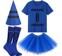 4Pcs Book Day Crayon Costume Set Including T-shirt Hat Socks Tutu Skirt for Kids for Story Book Day Dress Up for Cosplay Party Supplies (Blue, 8-9Years Old)