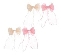 4pcs Bow Hair Clip with Long Trailing Ribbon and Mesh Beige Pink