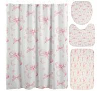 4Pcs Bow Shower Curtain Set,Pink Bow Curtains with 12 Rings Bows Aesthetic Bathroom Set with Bath Mat Toilet Lid Cover and U Rug,Girls Window Drapes Wedding Bedroom Party Decor,72.05 x 72.05 in