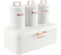 4Pcs Bread Bin Set Tea Coffee and Sugar Canisters Set Kitchen Food Storage Kit Includes Bread Bin, Tea, Coffee & Sugar Caddy Tins Containers Canister Storage Jars Pots Kit for Home Kitchen Countertop