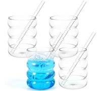 4Pcs Bubble Drinking Glasses with 4Pcs Straws 10oz Ribbed Drinking Glass Cups Temperature Resistant Bubble Glass Tumblers Wide Opening Ribbed Glassware Vintage Glass Cup