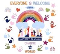 4pcs Bulletin Board Decorations Stickers, Boho One World Together We are & Together We Can Change The World Earth Day Classroom Door Decals Cutout Hands Hearts Stars for Doors Walls Decor