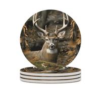 4PCS Camouflage Deer Coasters Non-Slip Round Drink Coasters with Ceramic Stone and Cork Base, Heat Resistant Absorbent 33.00Stone Coaster Set for Kinds of Mugs and Cups, 4 Inch