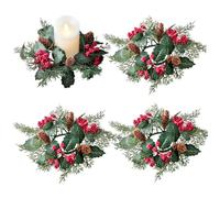 4Pcs Candle Rings with Red Berries & Pinecones Artificial Christmas Candle Wreath for Pillars Wedding Winter Table Front Door Decoration Christmas Table Decor