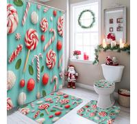 4pcs Candy Cane Shower Curtain Set, Aqua Red White Lollipop Bath Mat Rugs Accessories for Holiday Decor, Festive Modern Waterproof Fabric Shower Curtain Set with Hooks 72x72 Inch