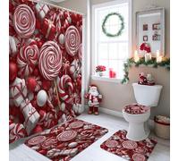 4pcs Candy Christmas Shower Curtain Set, Red White Lollipop Bath Mat Rugs Accessories for Holiday Decor, Festive Modern Waterproof Fabric Shower Curtain Set with Hooks 72x72 Inch