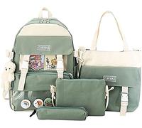 4Pcs Canvas School Backpacks Combo Set,with Bear Pendant Kawaii School Bags Backpack, Lunch Box Bag, Laptop Backpack (green)