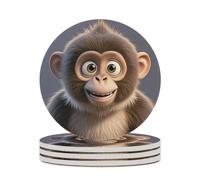 4PCS Cartoon Brown Monkey Coasters Non-Slip Round Drink Coasters with Ceramic Stone and Cork Base, Heat Resistant Absorbent 33.00Stone Coaster Set for Kinds of Mugs and Cups, 4 Inch