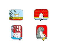 4PCs Cartoon Cats Walking On The Wall Brooch Enamel Lapel Pin Set Chinese Style Building And Cat Brooch Cute White Yellow Black Cat Enamel Pins for Backpacks Hats Clothes Decor Alloy Cat Enamel Spring