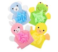 4Pcs Cartoon Shower Gloves Soft Bath Mitts for Skin-Friendly Exfoliating Hand Washcloths in Yellow Duck Pink Rabbit Green Frog Blue Bear
