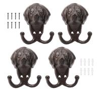 4Pcs Cast Iron Double Hook Deer/Dog Head Decorative Wall Hook Vintage Animal Style Towel Clothes Hanger Bag Key Hanger for Bathroom Bedroom Kitchens(Dark Grey,Puppy Double Hook)