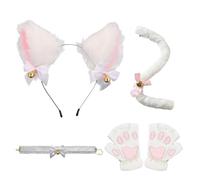 4PCS Cat Costume Set, Faux Fur Fluffy Long Tail Cat Ears Headband Paws Gloves Lace Bow Choker with Bell Animal Costume for Women Girls Fancy Dress up Halloween Birthday Carnival Accessories