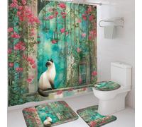4Pcs Cat Floral Shower Curtain Set, Aqua Blue Peach Flower Bath Mat Rugs Accessories for Bathroom Decor, Spring Modern Watercolor Fabric Shower Curtain Set with Hooks 72x72 Inch