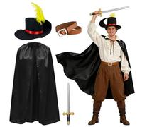 4Pcs Cat in Boots Costume Accessories Set Includes Black Cape Hat with Feather Inflatable Sword Belt, Puss Costume Cat in Boots Cosplay Cloak Outfits for World Book Day Halloween Party Dress Up