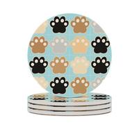 4PCS Cat Pawprints Coasters Non-Slip Round Drink Coasters with Ceramic Stone and Cork Base, Heat Resistant Absorbent 33.00Stone Coaster Set for Kinds of Mugs and Cups, 4 Inch