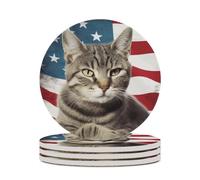 4PCS Cat USA Flag Coasters Non-Slip Round Drink Coasters with Ceramic Stone and Cork Base, Heat Resistant Absorbent 33.00Stone Coaster Set for Kinds of Mugs and Cups, 4 Inch