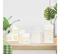 4PCS Ceramic Christmas Village Set,White Christmas Village Houses,Christmas House Night Light,White Porcelain Village Town Houses with Built-in Led Lights,Christmas Town Scene Collection Buildings