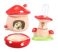 4Pcs Ceramic Hamster Hideout Set, Cute Mushroom Small Animal House, Food Bowl & Water Bottle Stand with 80ml Bottle, Chew-Proof Cage Accessories for Mice, Gerbils & Guinea Pigs