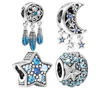 4Pcs Charms for Bracelets,Women Silver Making Bead Bracelets,Summer Oceanic Feathers Starfish Tassels Beads Necklace Moon Jewelry Pendant,Friendship Birthday Metal Pendants,for Pandora Charm Bracelet