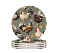4PCS Chicken and Rooster Print Coasters Non-Slip Round Drink Coasters with Ceramic Stone and Cork Base, Heat Resistant Absorbent 33.00Stone Coaster Set for Kinds of Mugs and Cups, 4 Inch