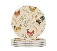 4PCS Chicken and Rooster Print Coasters Non-Slip Round Drink Coasters with Ceramic Stone and Cork Base, Heat Resistant Absorbent 33.00Stone Coaster Set for Kinds of Mugs and Cups, 4 Inch