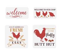 4Pcs Chicken Themed Wall Stencil Templates Reusable Plastic Farm Fresh Eggs Welcome Stencils for Painting on Wood Wall Floor Tile Fabric Glass Furniture, DIY Home Decor Or Craft Stencil