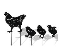 4Pcs Chicken Yard Art Metal Stakes, Garden Insert Hen Sculpture Ornament, Metal Chicken Shape Statue, Chicken Family Lawn Silhouette Garden Art (Black)