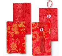 4Pcs Chinese Red Pocket, Lucky Money Pockets, Silk Red Envelopes, Chinese Element Invitation Envelop with Chinese Knot, Jade Pendant for Spring Festival, Wedding, New Year, Birthday