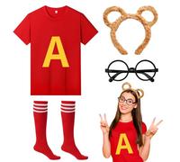 4Pcs Chipmunks Costumes Set with Chipmunk Headband Glasses T-shirt Soccer Socks, Chipmunks Fancy Dress Outfit Party Animal Cosplay for Adults Teens World Book Day Halloween Dress Up (Red, XXXL)