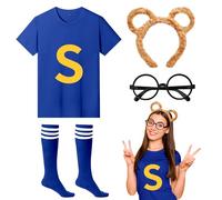 4Pcs Chipmunks Costumes Set with Chipmunk Headband Glasses T-shirt Soccer Socks, Chipmunks Fancy Dress Outfit Party Animal Cosplay for Adults World Book Day Halloween Dress Up (Blue, XXXL)
