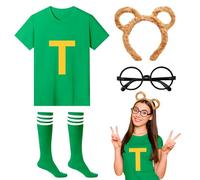 4Pcs Chipmunks Costumes Set with Chipmunk Headband Glasses T-shirt Soccer Socks, Chipmunks Fancy Dress Outfit Party Animal Cosplay for Adults Teens World Book Day Halloween Dress Up (Green, M)