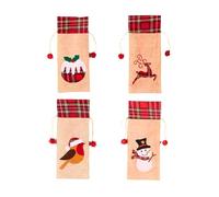 SHATCHI Wine Bottle Liquor Cover Bag with Drawstring Printed Pattern Burlap Hessian Linen Novelty Dinner Table Decorations-Reindeer/Snowman/Robin/Christmas Pudding