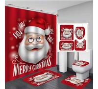 4Pcs Christmas Bathroom Sets with Shower Curtain, Rugs, Toilet Lid Cover and Bath Mat, Christmas Tree Santa Claus Snowman Gnome Chritsmas Shower Curtain Set for Winter Holiday Bathroom Decor (Set B)