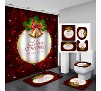 4Pcs Christmas Bathroom Sets with Shower Curtain, Rugs, Toilet Lid Cover and Bath Mat, Christmas Tree Santa Claus Snowman Gnome Chritsmas Shower Curtain Set for Winter Holiday Bathroom Decor (Set F)