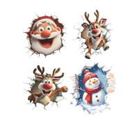 4PCS Christmas Creative Wall Sticker, 3D Santa Reindeer Large Decals, Funny Wall Breaking Christmas Stickers, Removable Winter Holiday Sticker Decorations for Window, Home, Refrigerator