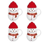 4pcs Christmas Cup Snowman Ceramic Coffee Mug with Lid Hot Cold Drink Festive Ornament Tableware Teacup (4X Red)