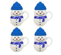 4pcs Christmas Cup Snowman Ceramic Coffee Mug with Lid Hot Cold Drink Festive Ornament Tableware Teacup (4X Blue)