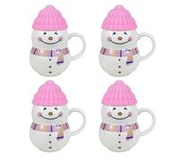 4pcs Christmas Cup Snowman Ceramic Coffee Mug with Lid Hot Cold Drink Festive Ornament Tableware Teacup (4X Pink)